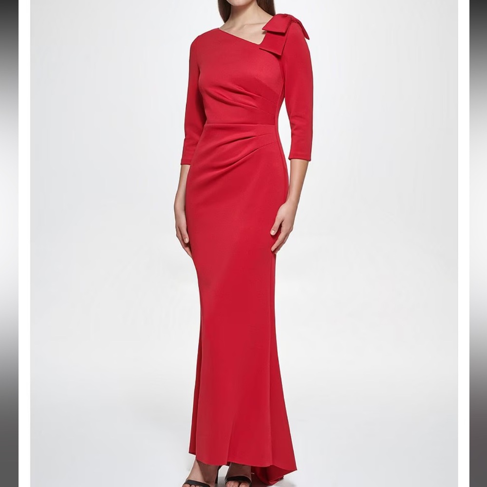 Jessica Howard 3/4 Sleeve Asymmetrical Neck Bow Shoulder Side Tuck Gown